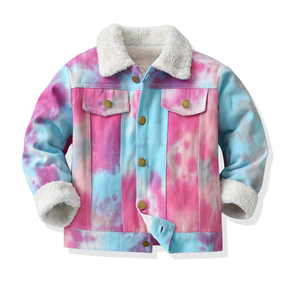 New arrivalkids winter outweargirlk-style tie-dye thick imitation cashmerelapel baby denim fleece-lined cotton jacket