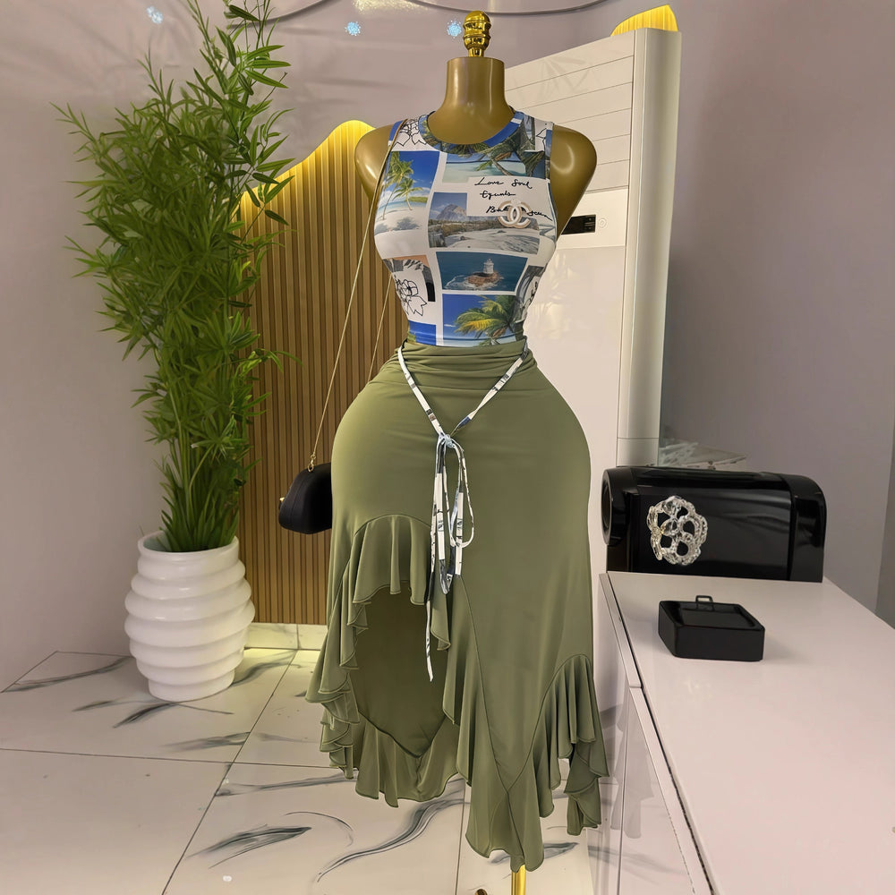 European and american cross-border women's fashion:  early autumn new sleeveless round neck bodycon top and asymmetrical midi skirt two-piece set