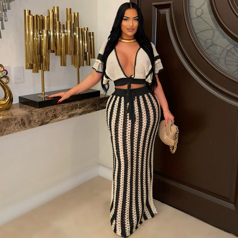 Amazon source goods: new summer european and american style women's sexy v-neck hollow-out striped knitted maxi dress set