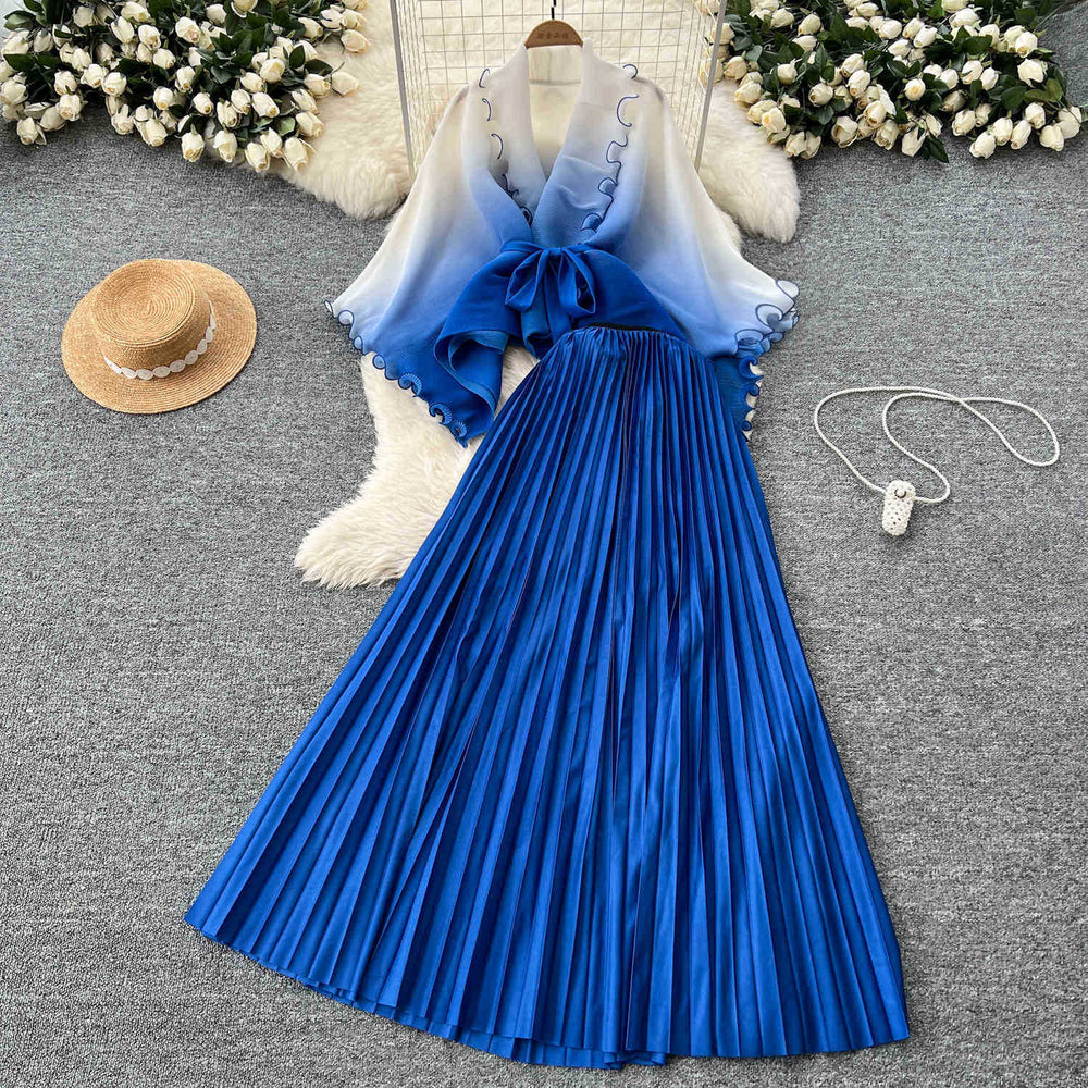 Fashion pleated suit women's strappy waist gradient color pressed pleated cardigantopshigh waistpleated skirttwo-piece set