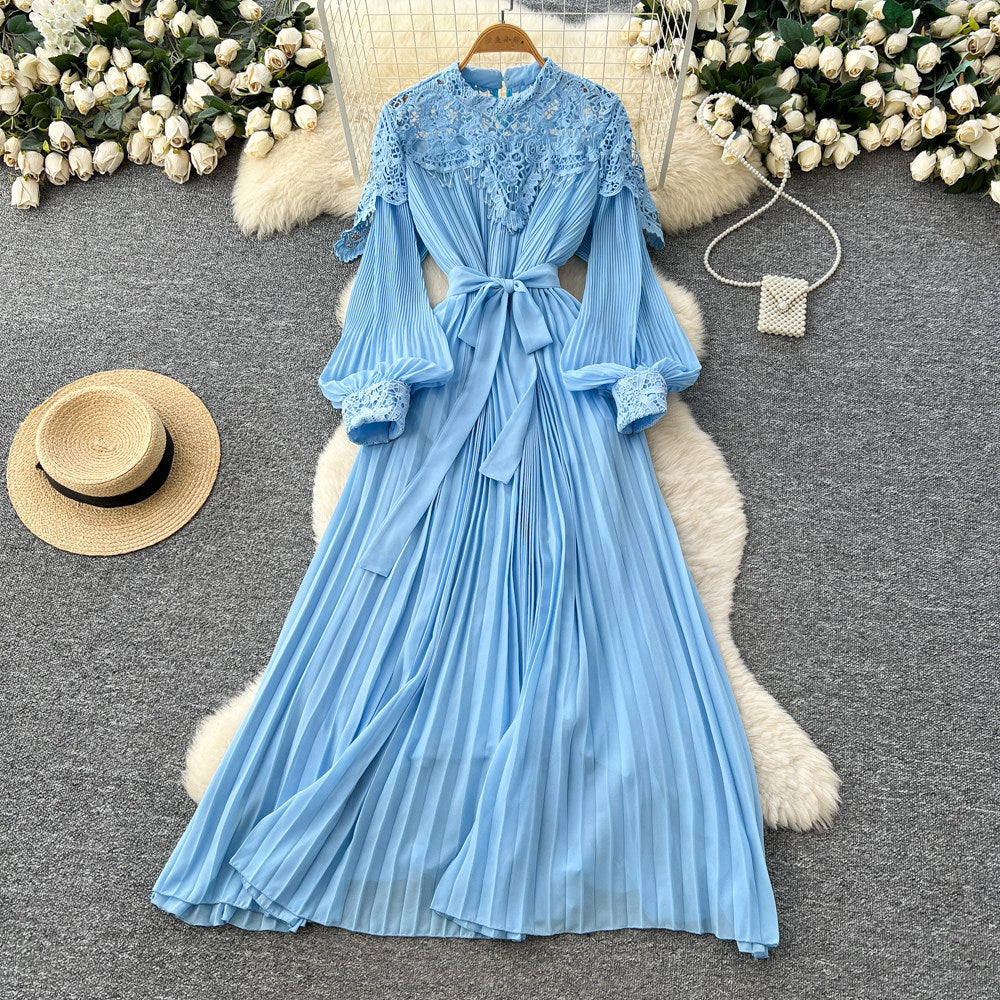 Elegant red lace pleated dress - women's unique tie-waist a-line maxi dress for work and everyday style