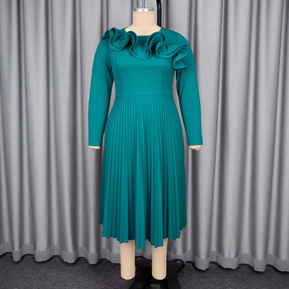 New plus size solid color midi pleated skirt ruffle collar long sleeve round neck elegant dress