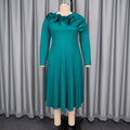 New plus size solid color midi pleated skirt ruffle collar long sleeve round neck elegant dress