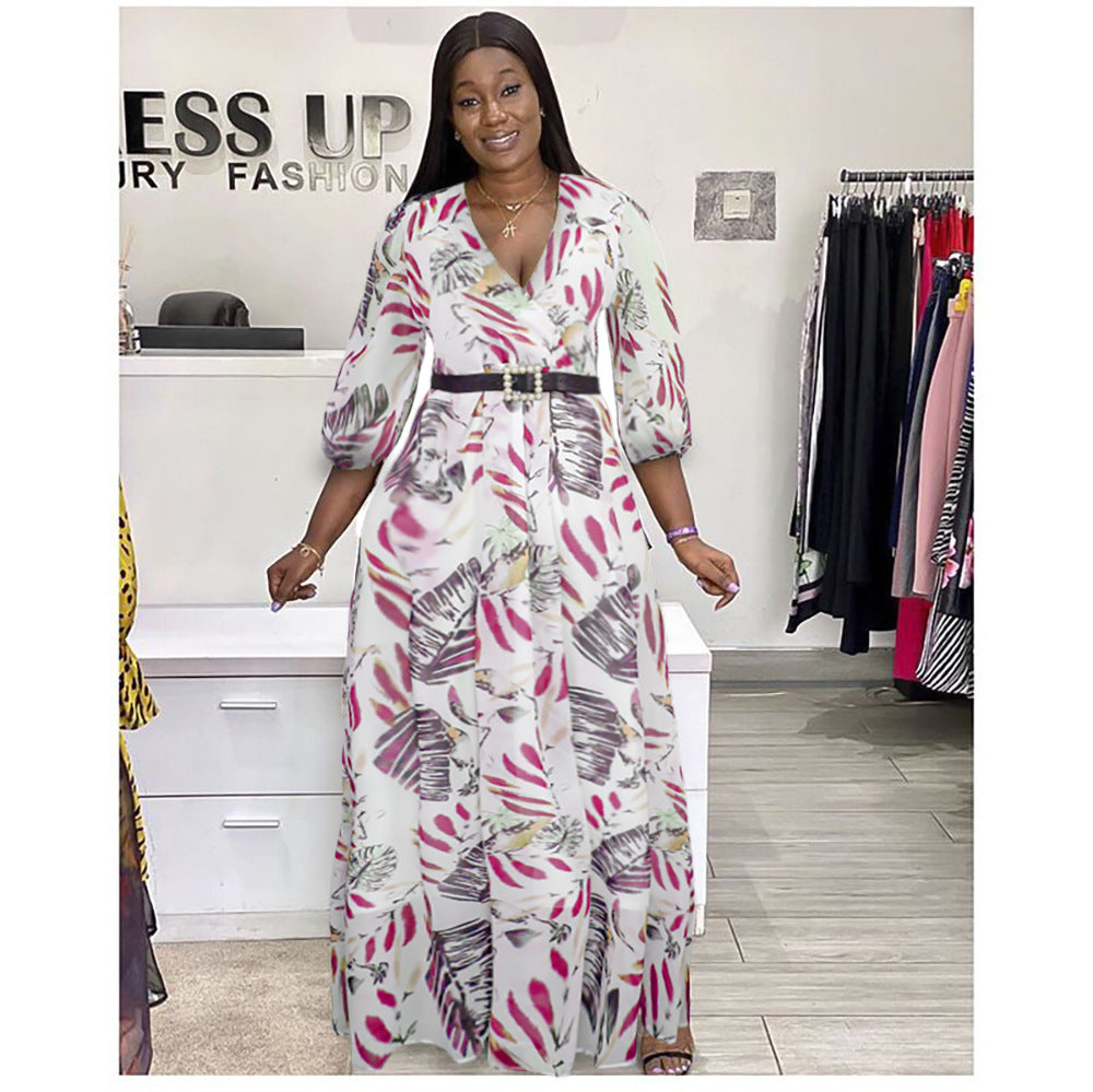 African women's clothing   new sexy v-neck printed dress european and american  long maxi skirt + belt