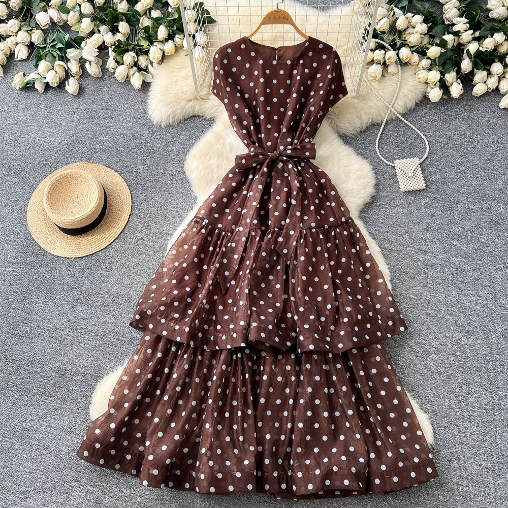 French polka dot round neck sleeveless dress women's red high waist slimming a-line dress elegant commute maxi dress