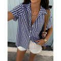code new arrival  women's original casual blue and white contrast colorplaid short-sleeved shirt