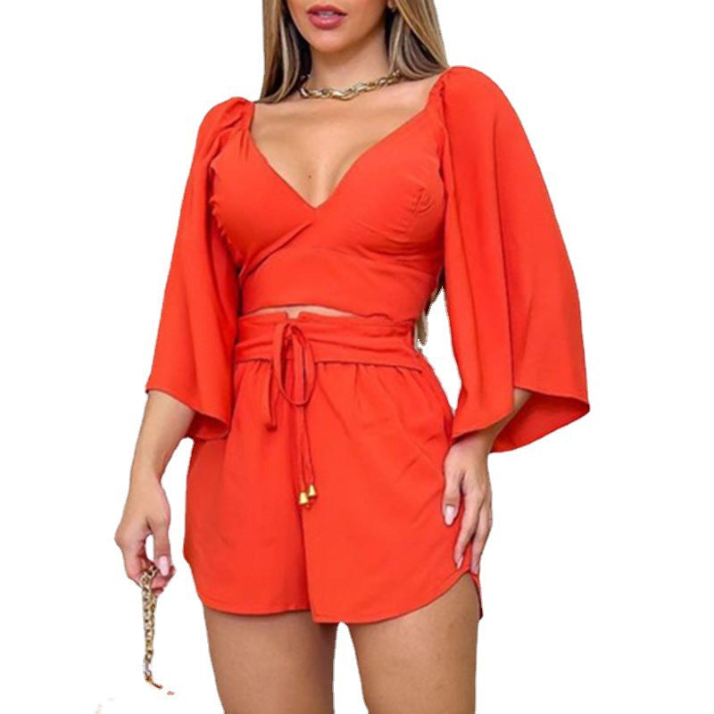 Fashion cross-border women's clothing  autumn hot style v neckbackless bell sleeve shirt high waistshortsfashioncasualsuit