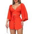 Fashion cross-border women's clothing  autumn hot style v neckbackless bell sleeve shirt high waistshortsfashioncasualsuit