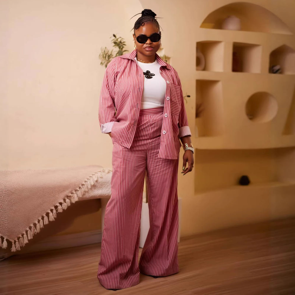 European and american cross-border women's fashion  spring new style chic striped long-sleeve shirt top and wide-leg pants casual set