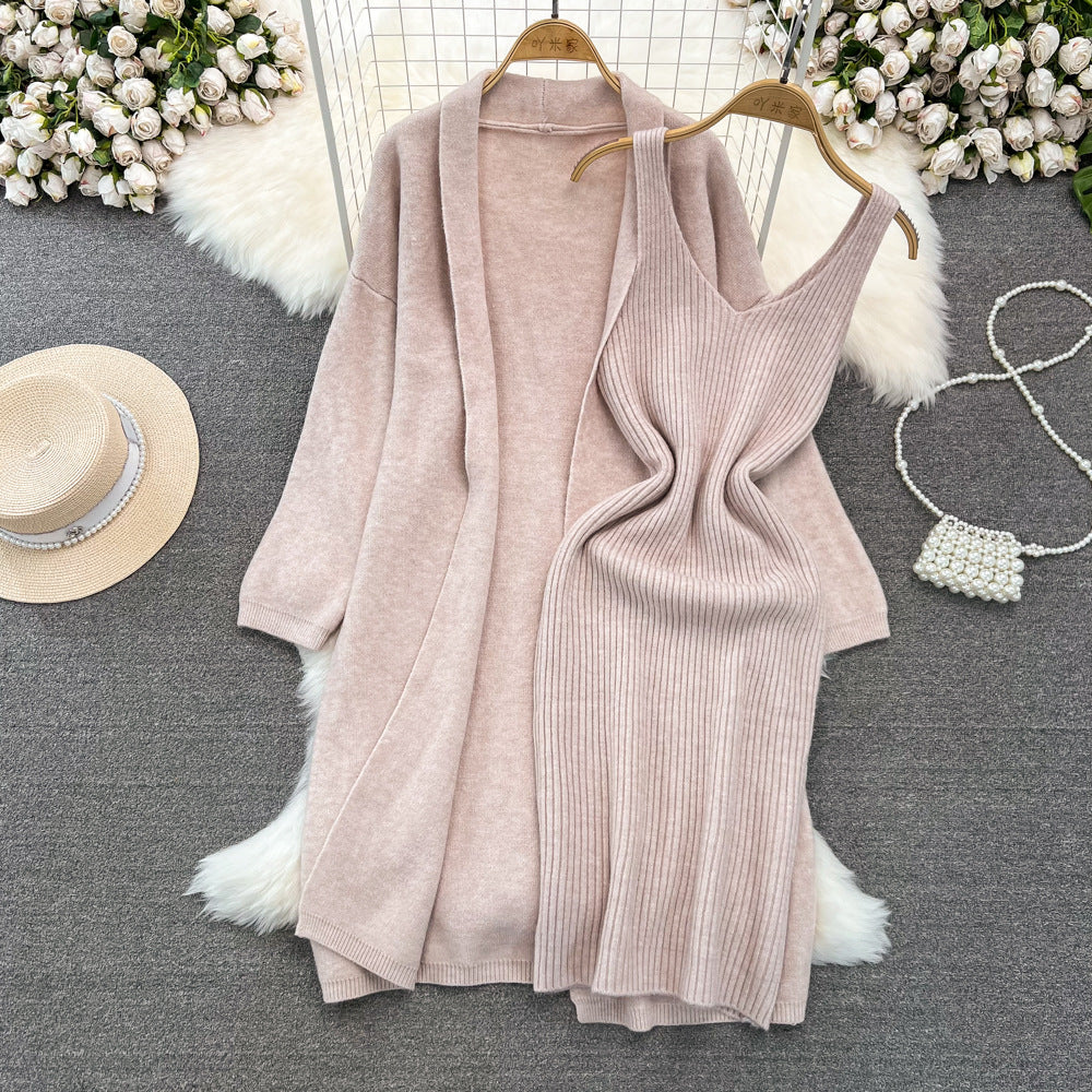 Soft and lazy style easiest for matchloose medium longknittingsweateroutweartwo-piece setv neck vest hip-covering dress