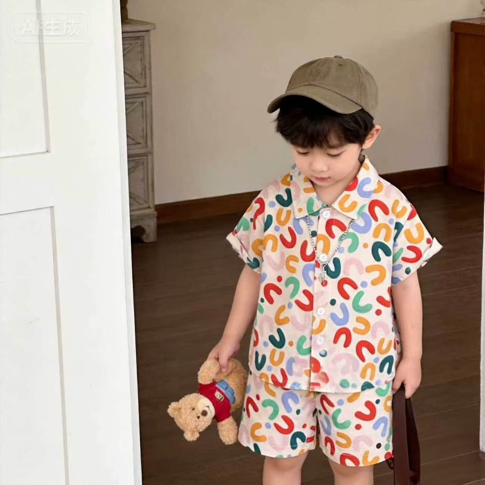 Dopamine colorful print kids' short-sleeve shirt summer set, infant casual shorts two-piece outfit, korean style
