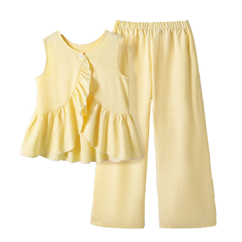 Girls' outfit: foreign trade children's clothing,  summer new fashion striped sleeveless sweet ruffle top and wide-leg pants set