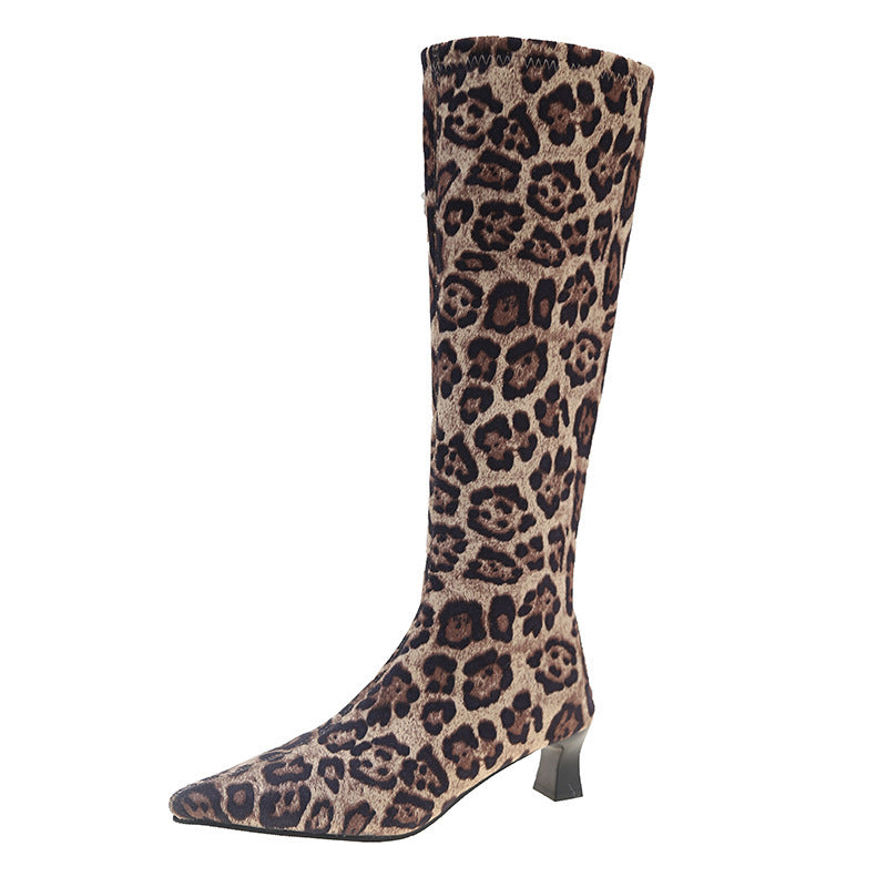 High-heeled women's boots, pointed toe, leopard print, over-the-knee boots, slimming look, elastic boots, fashioneasiest for match long boots, cross-border