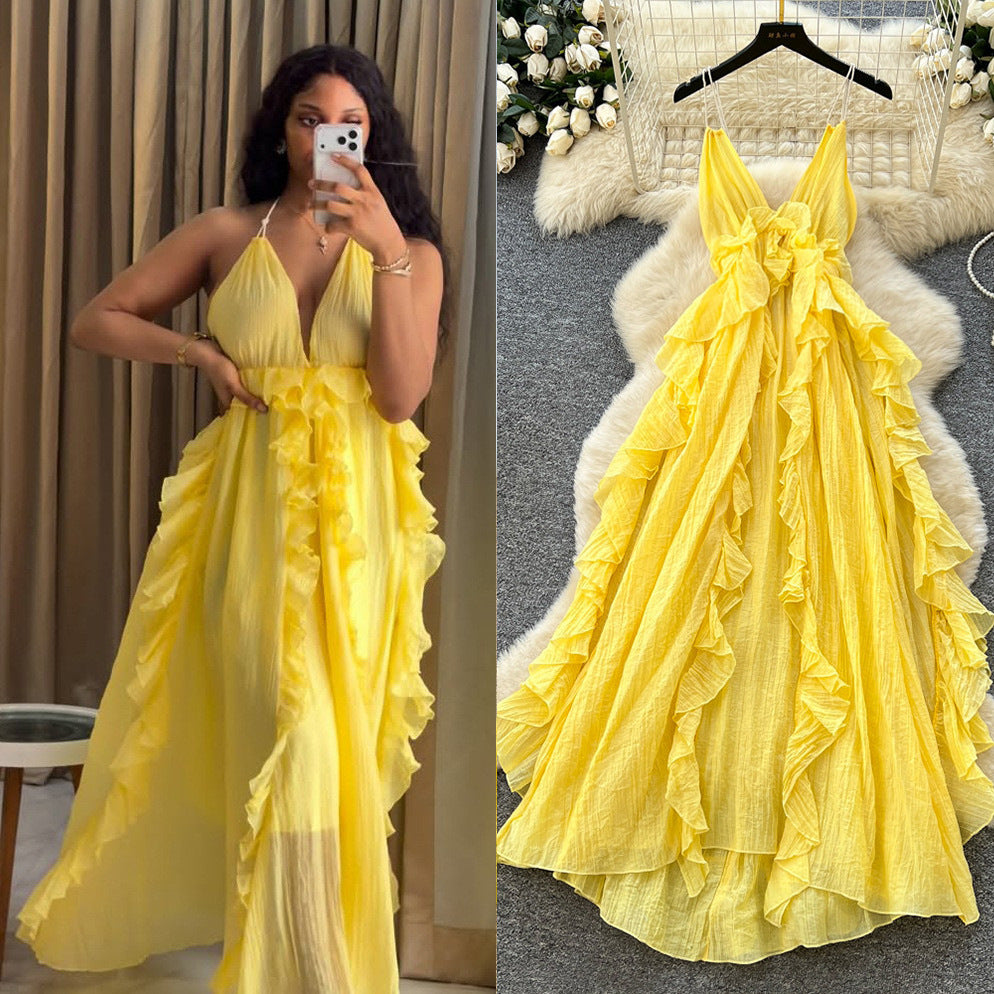 Vacation style blue suspender sweet age-reducing dress female summer romanticruffles trailing long skirt showing white fairy spirit