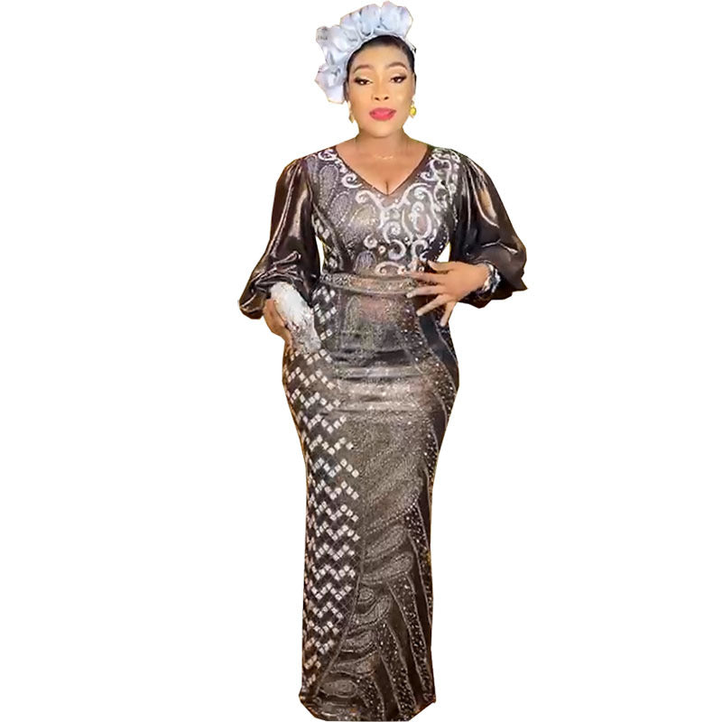 African cross-border supply  new arrival hot diamond v neck silm fishtail long skirt dress evening hot diamond rhinestone performance
