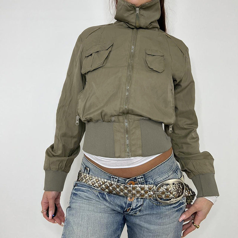 European and American  women's clothing retro jacket zipper turtleneck cardigan threaded waist long-sleeved jacket Spice girl woven top