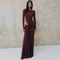european and american women's clothing  autumn new collection solid color crew neck long sleeve maxi dress cutout tie-up slim fit dress for women