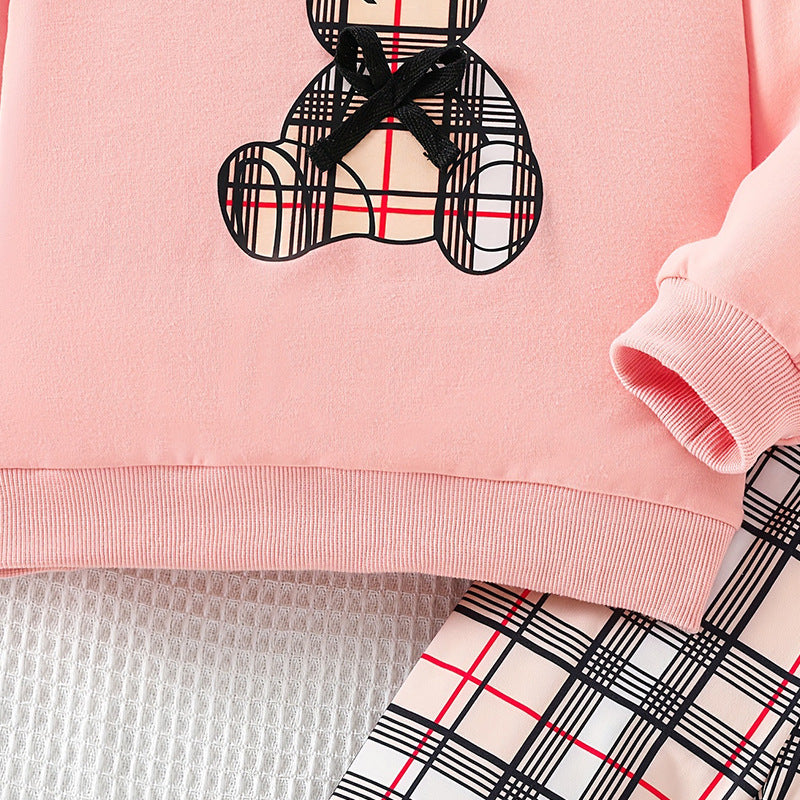 Autumn cross-border kids' hoodie two-piece set: casual bear plaid pants & hooded sweatshirt - girls' pullover style