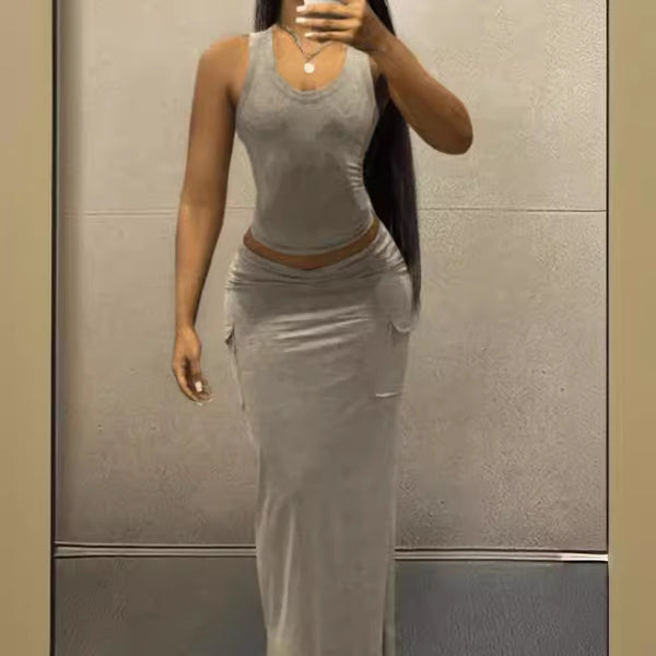 FC1216 Fashion Casual Vest Long Skirt Set