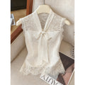 Women's summer new arrival: minimalist elegant solid color lace trim tie-up sleeveless slim-fit fashion tank top