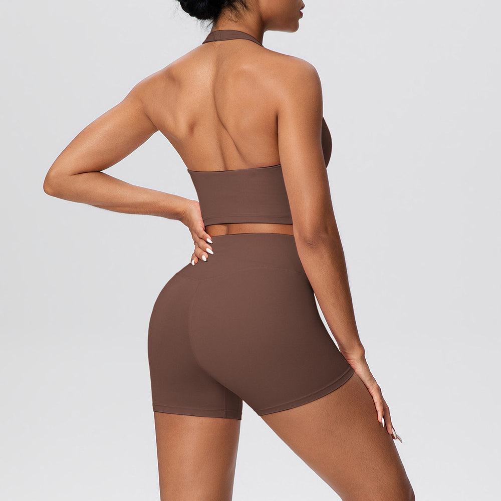 New arrival cross-border pure color double-sided brushed tight haltershorts yoga suit sports running fitness two-piece set
