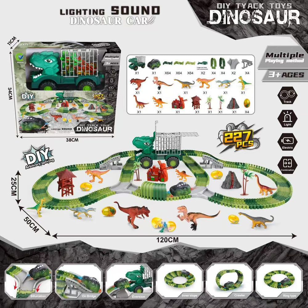 hot-selling electric dinosaur track car diy versatile assembly building educational roller coaster tunnel toy wholesale