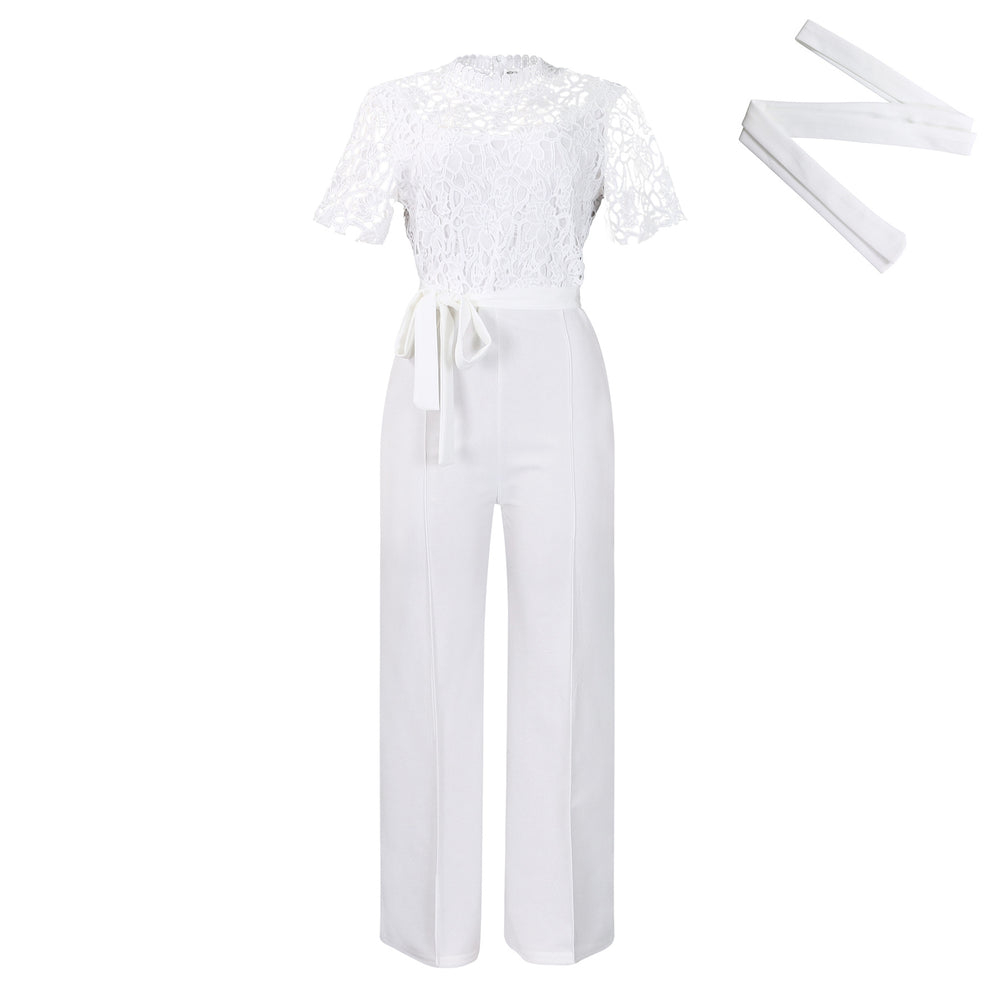 D509 european and american style  sexy lace trim cutout short sleeve tie-up high waist wide leg jumpsuit - wholesale