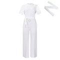 D509 european and american style  sexy lace trim cutout short sleeve tie-up high waist wide leg jumpsuit - wholesale