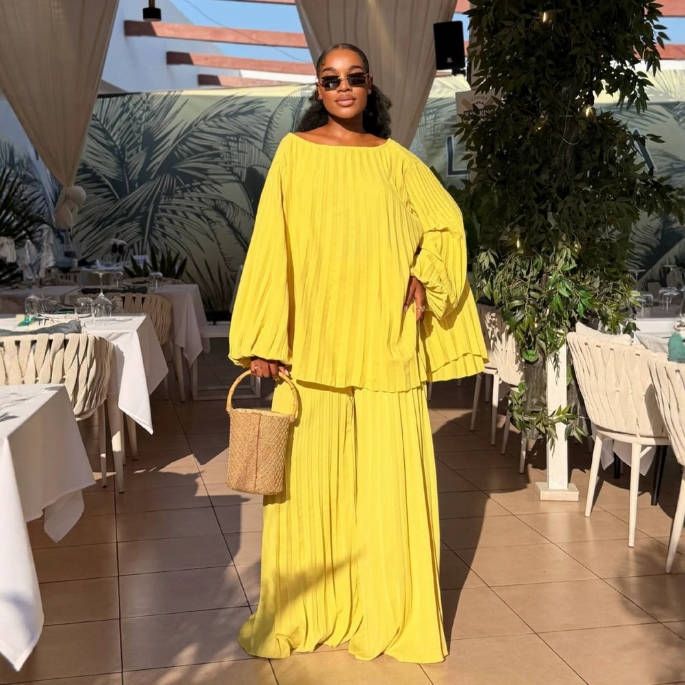 European and american cross-border women's fashion:  summer new collection - trendy lantern sleeve, effortless style, ruched top and wide-leg pants set