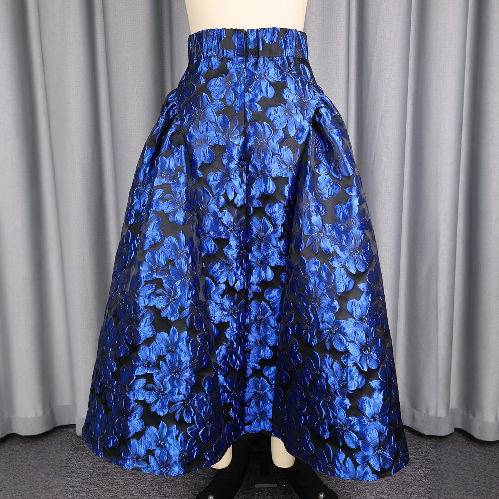 Embossed jacquard blue large a-line skirt high waistslimming look banquet party classyeasiest for match skirt