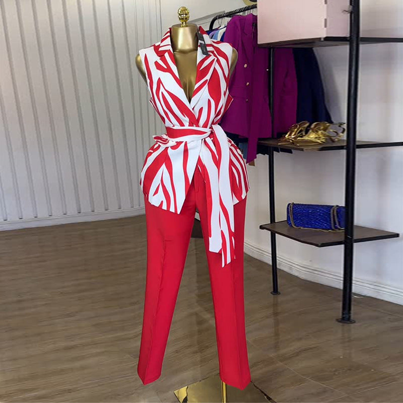 European and american cross-border women's fashion  summer new arrival: elegant blazer collar waist-cinching vest high-waisted pants fashion set