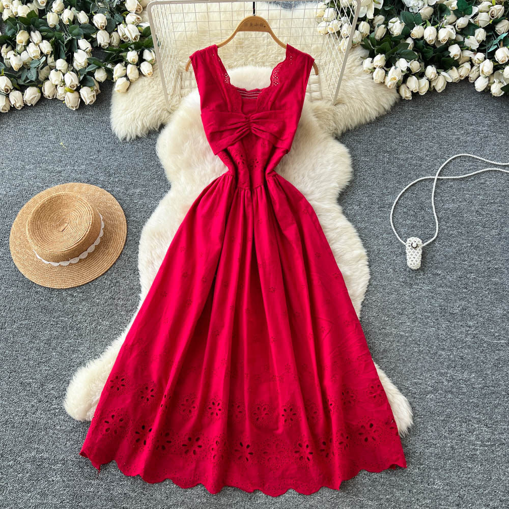 French red cut out sleeveless silmdress women's summer pure desire style high waist slimming lookelegant vacation style a-line skirt
