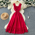 French red cut out sleeveless silmdress women's summer pure desire style high waist slimming lookelegant vacation style a-line skirt