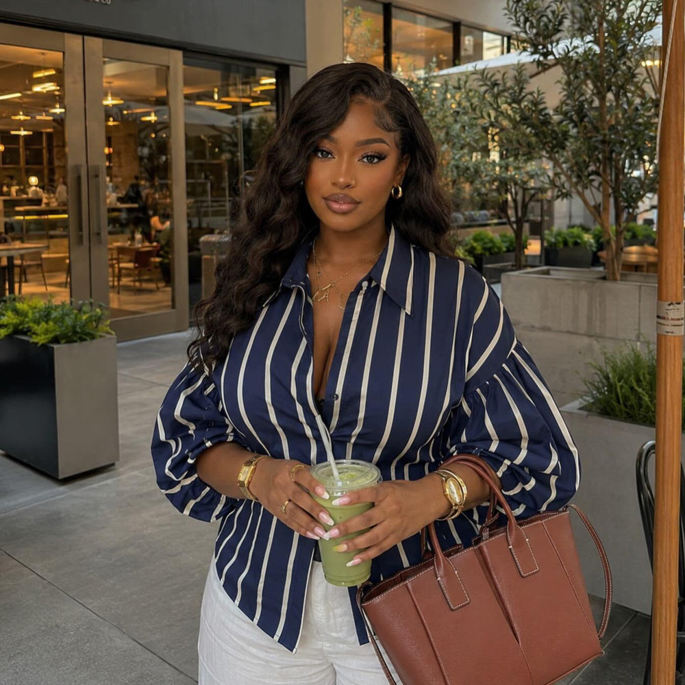 European and american cross-border women's fashion:  summer new arrival - casual chic striped cropped blouse with turn-down collar and unique design