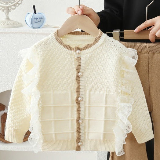 Girls' spring outfit set : new stylish cardigan jacket and lace pants two-piece set for girls - perfect for spring and autumn