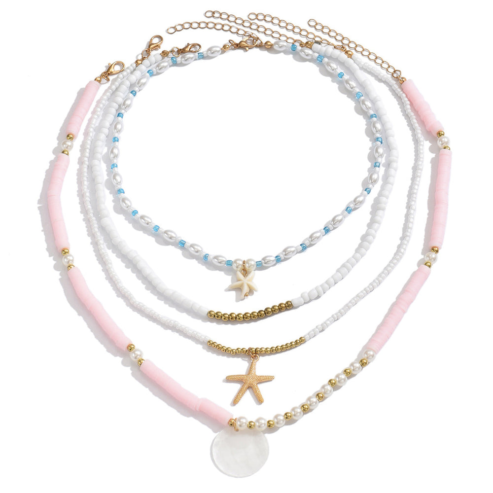 European and american summer bohemian pink polymer clay pearl beaded necklace set - ocean element starfish layered necklaces