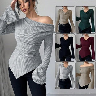 fall/winter european and american cross-border women's ribbed knit top: off-the-shoulder, slim-fit, long-sleeve knitwear - bestselling commute style