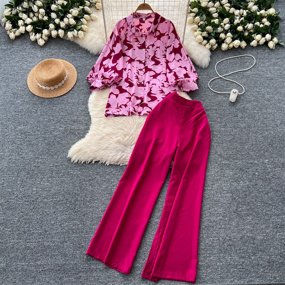 European and american niche style lantern sleeve printed blouse and high-waisted wide-leg casual pants two-piece set - autumn collection