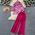 European and american niche style lantern sleeve printed blouse and high-waisted wide-leg casual pants two-piece set - autumn collection