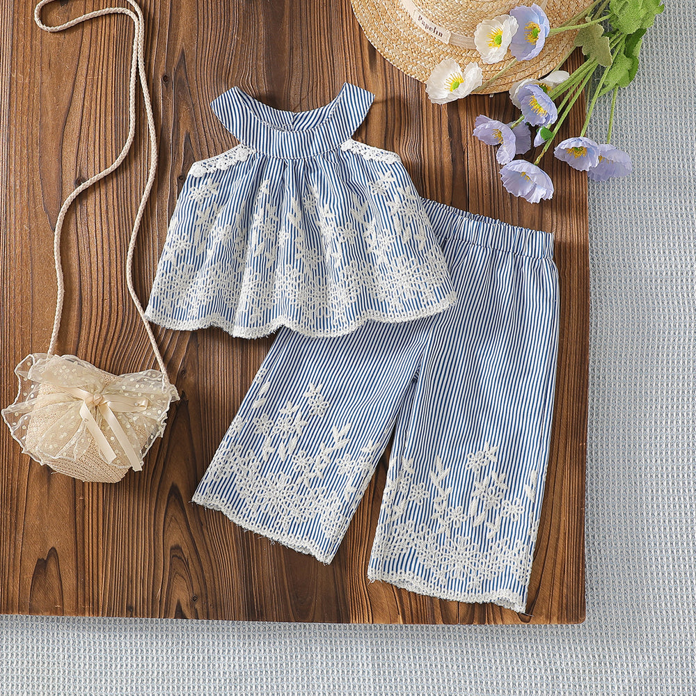 spring/summer cross-border exclusive: premium embroidered flutter sleeve top + casual straight-leg pants two-piece set for infants and toddlers