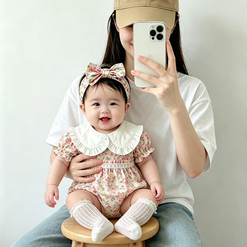 Newborn baby girl summer outfit - floral romper, lightweight princess bodysuit, cute and adorable summer clothes