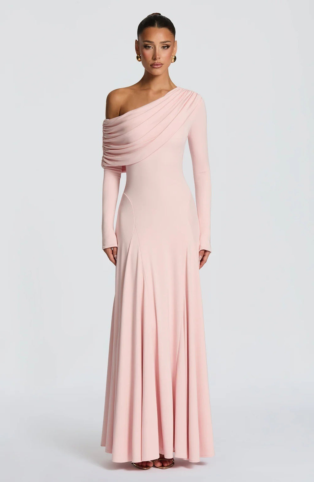 cross-border european and american style one-shoulder long sleeve ruffle neck pleated formal dress solid color slimming waist dress wholesale