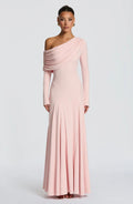 cross-border european and american style one-shoulder long sleeve ruffle neck pleated formal dress solid color slimming waist dress wholesale