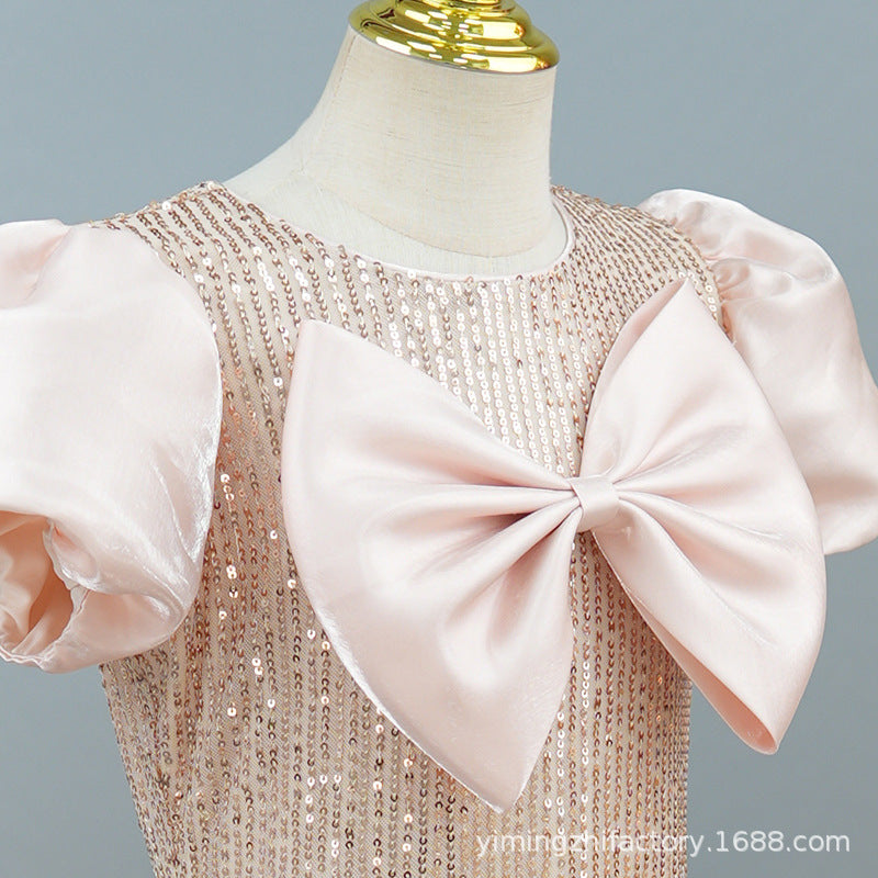 Custom european and american children's formal dresses, new  collection: sequined, slim-fit, bow-tie, host/performance outfit with puff sleeves - cross-border e-commerce
