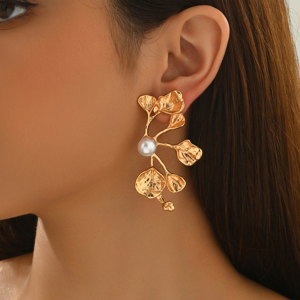 Wholesale faux pearl earrings - european & american style, vintage long gold leaf earrings, minimalist statement geometric studs