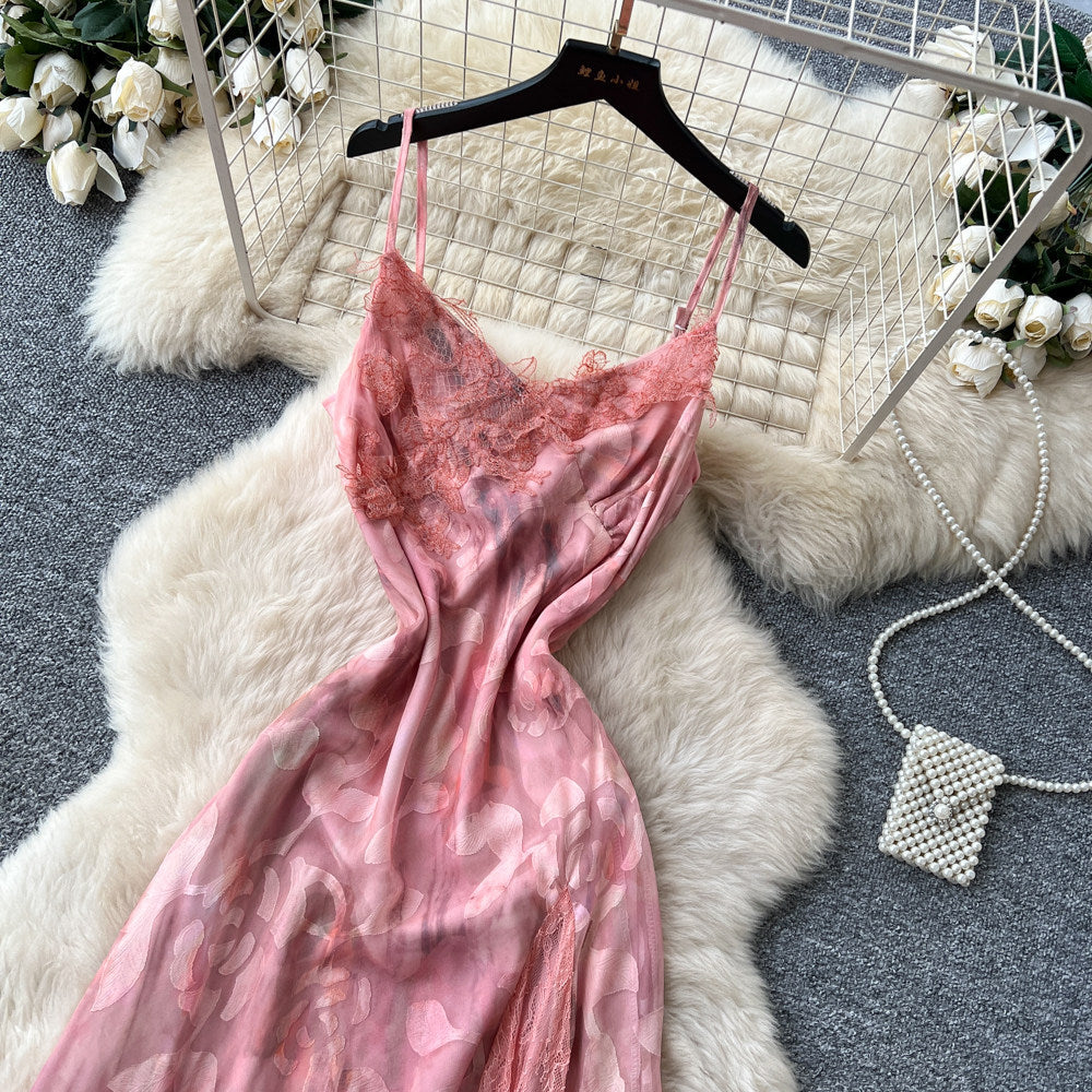 French riviera style pink floral print cami dress - women's summer korean high-waisted sleeveless slimming elegant maxi dress