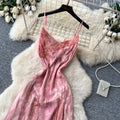 French riviera style pink floral print cami dress - women's summer korean high-waisted sleeveless slimming elegant maxi dress