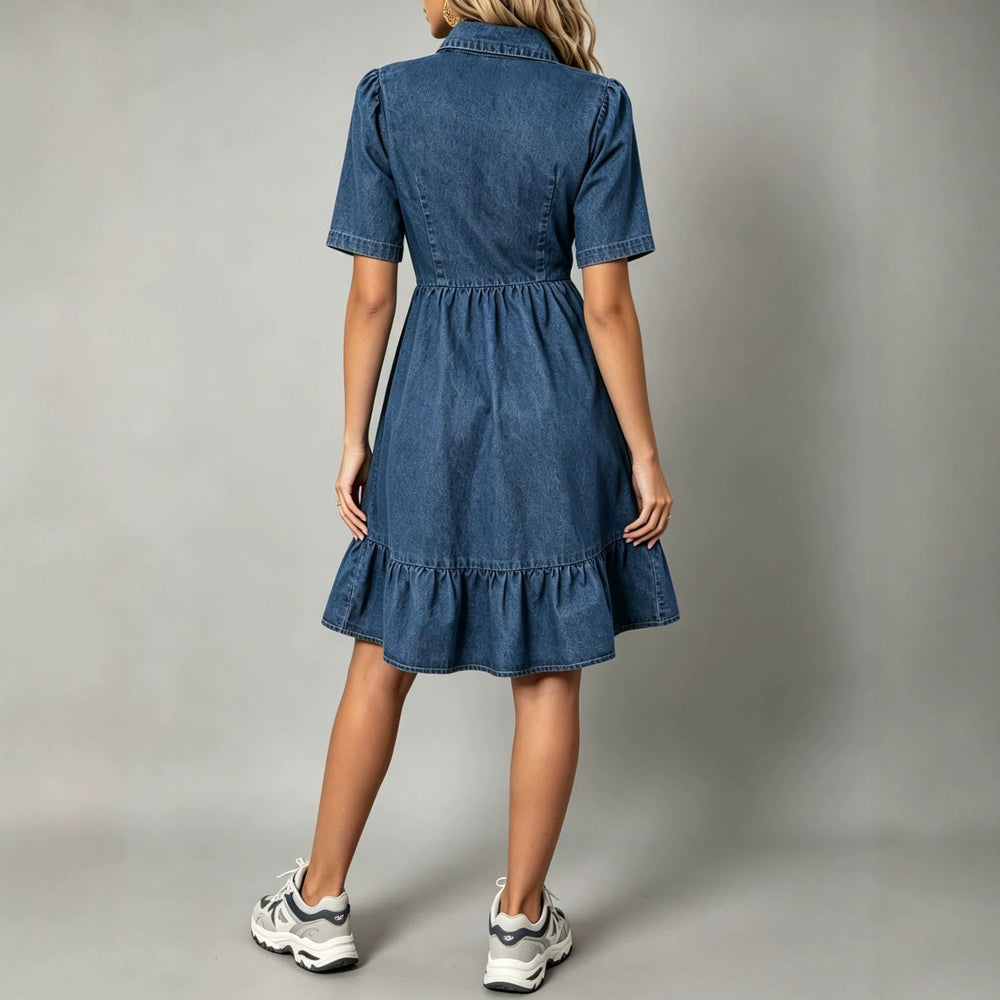 fashion lapel long sleevespatchworkcasual denim dress women's classy single-row multi-button waist long skirt
