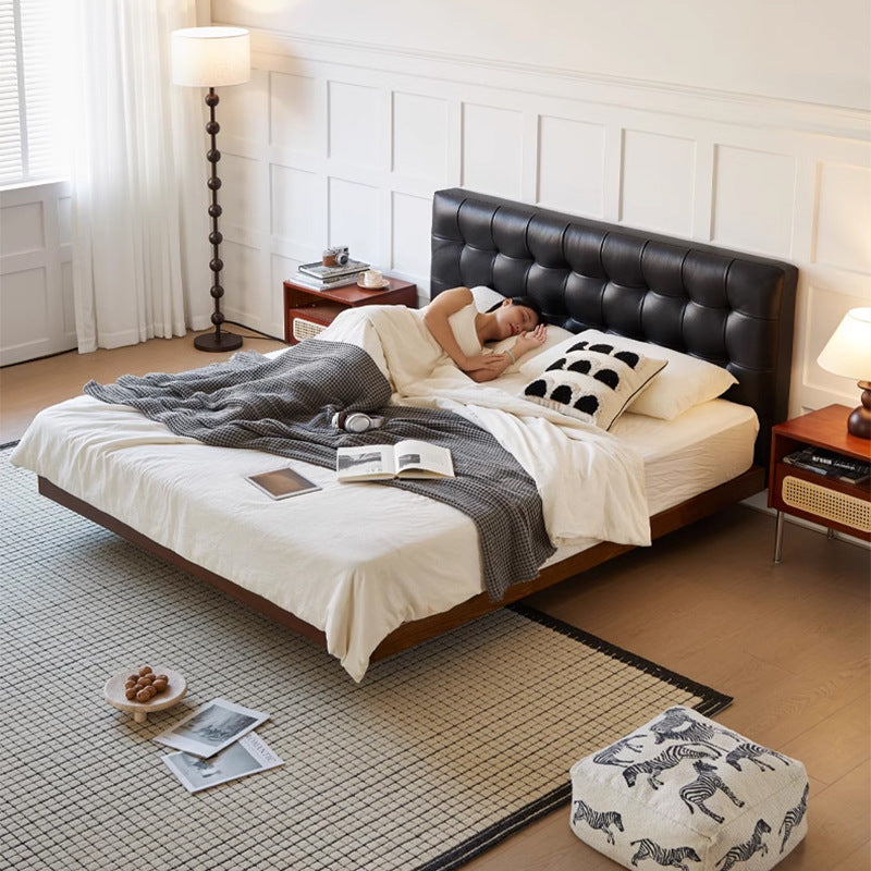 Solid wood waffle grids leather bed with double bed 1.8m black leather master bedroom small apartment sensor floating bed