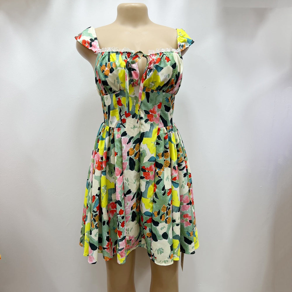 European and american cross-border women's fashion:  summer new arrivals - fresh camisole lace print high-waisted ruched mini dress
